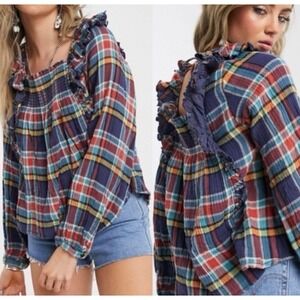 Free People We The Free Womens L Siena Plaid Top Smocked Ruffle Balloon Sleeve B